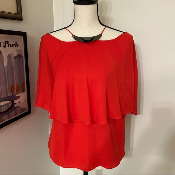 Halston Heritage Red Asymmetrical Tiered Blouse SZ 6 - Picture 1 of 6